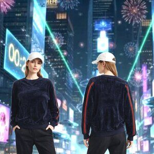 BIANCO NERO Retro Athletic Contrast Trims Relaxed Velour Pullover Sweater Size L